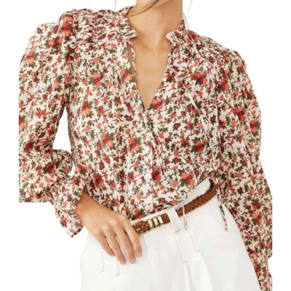 Free‎ People Floral Blouse with Tie Neck Long Sleeve Smocked  Ruffle Cuffs XS